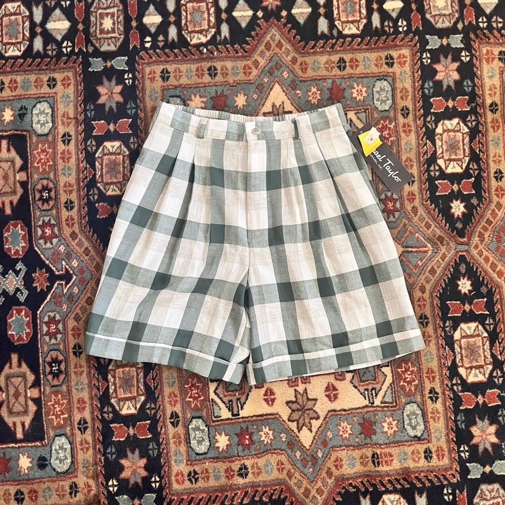 NWT Vintage Plaid gingham high waist linen shorts pleats cuffed 80s M - Picture 2 of 9